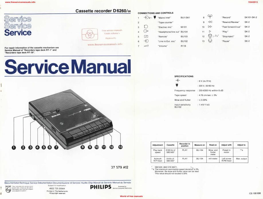 philips d 6260 cassette recorder service manual