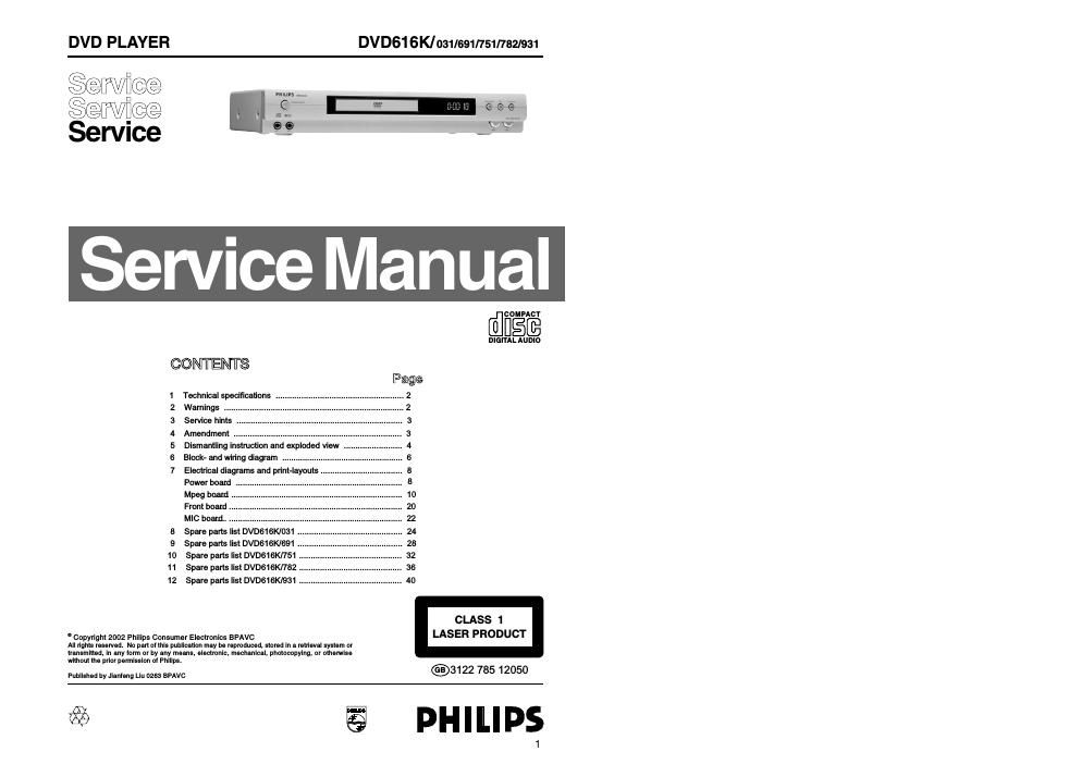 philips dvd 616 k service manual