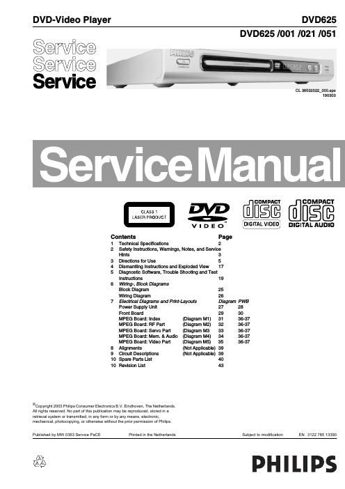 philips dvd 625 service manual