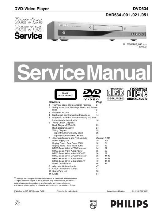 philips dvd 634 service manual