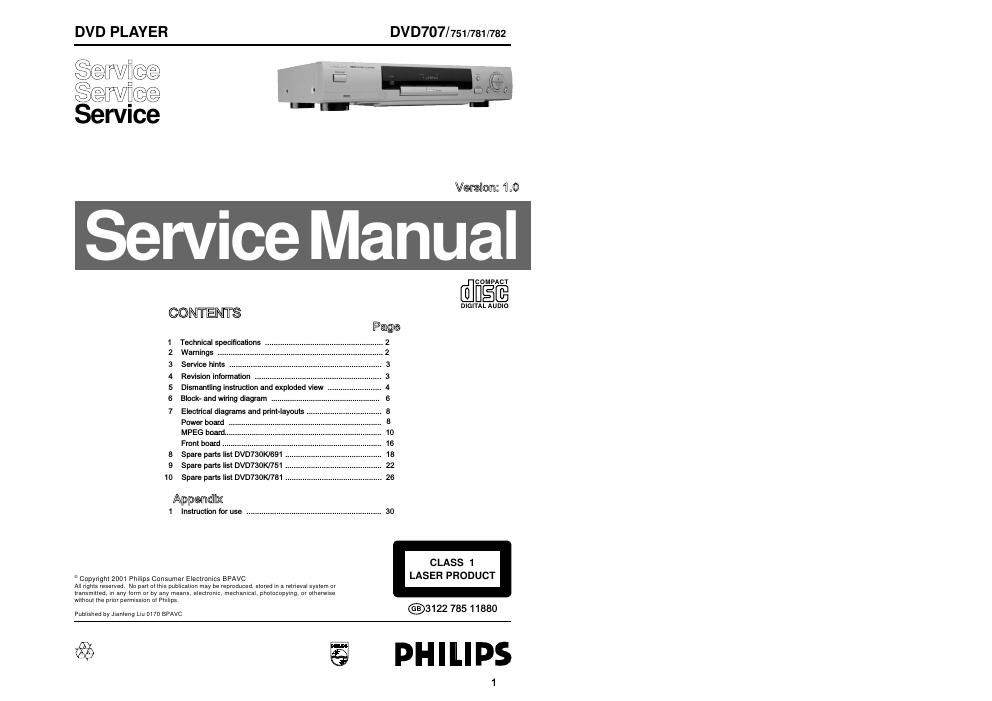 philips dvd 707 service manual