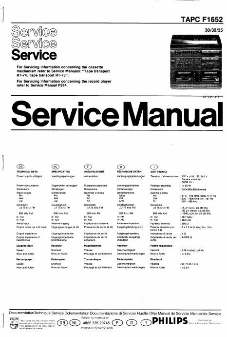philips tapcf 1652 service manual
