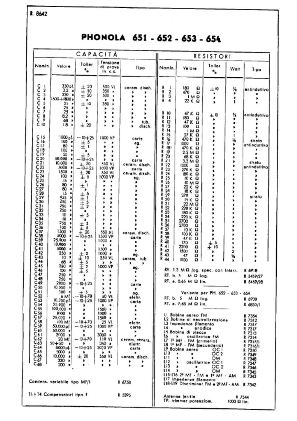 phonola 651 652 653 654 components