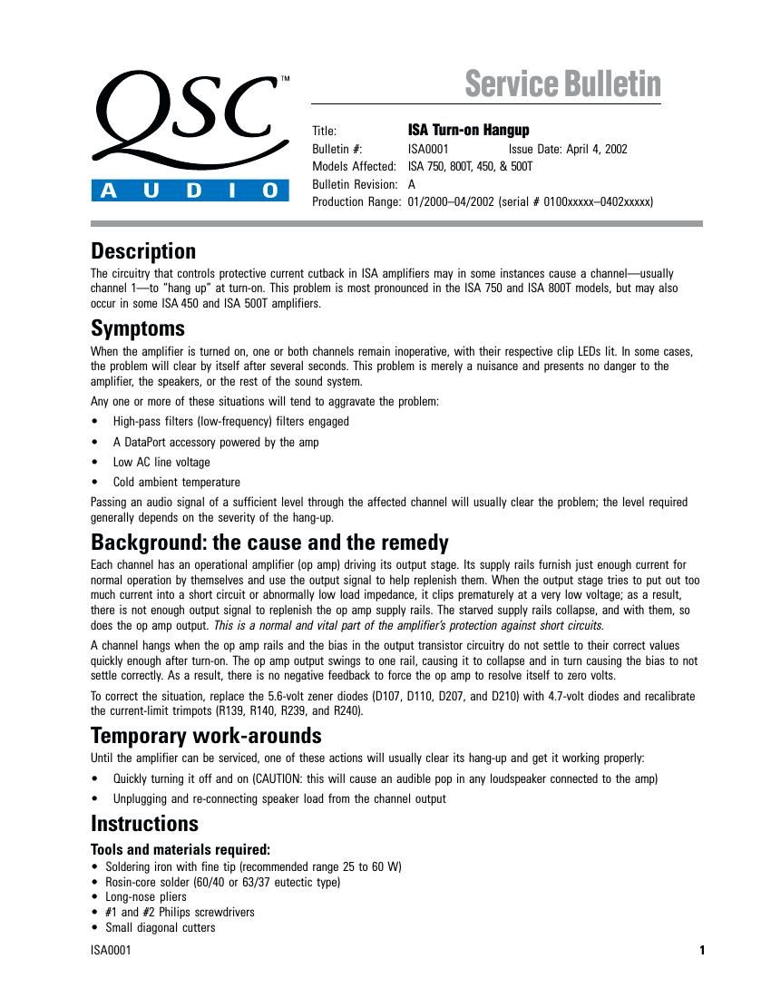 QSC ISA Turn On Service Note