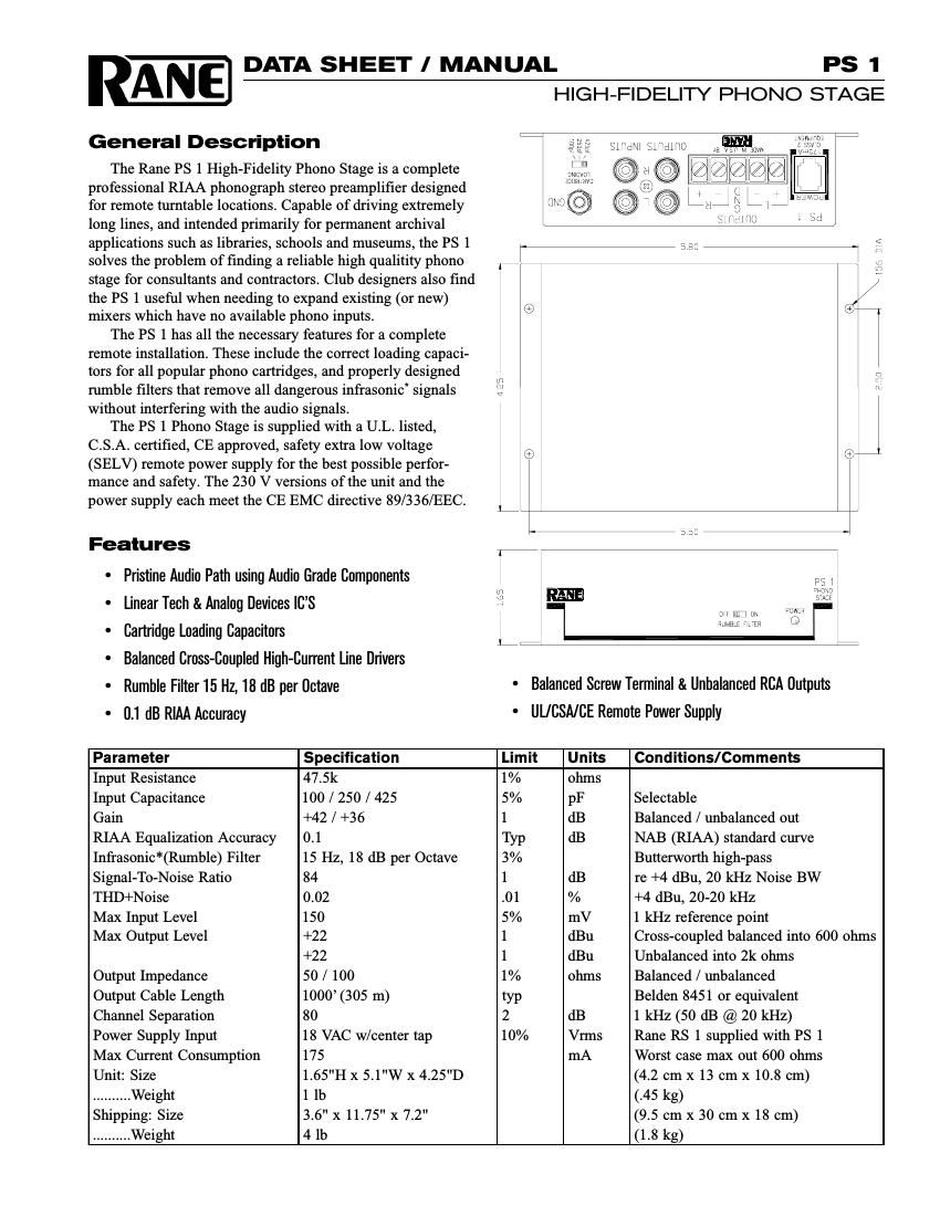 rane ps 1 owners manual