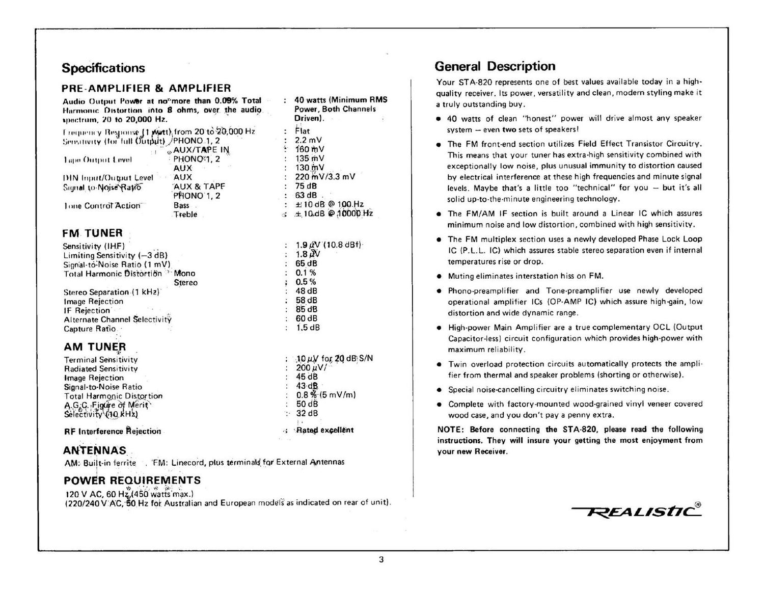 realistic sta 820 owners manual