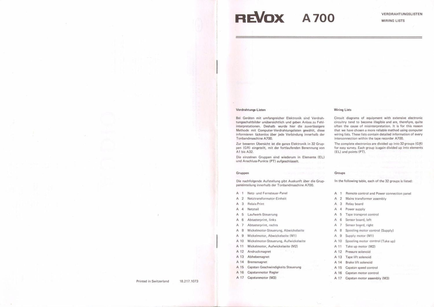 revox A700 verdrahtungslisten