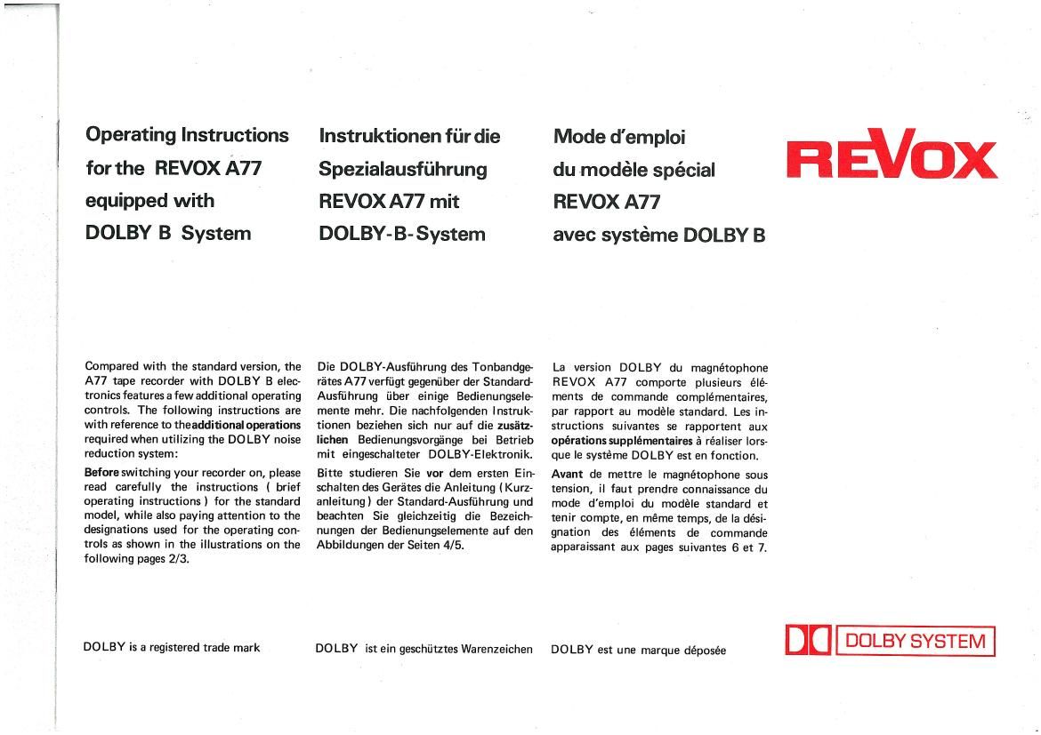 Revox A 77 Dolby B Owners Manual