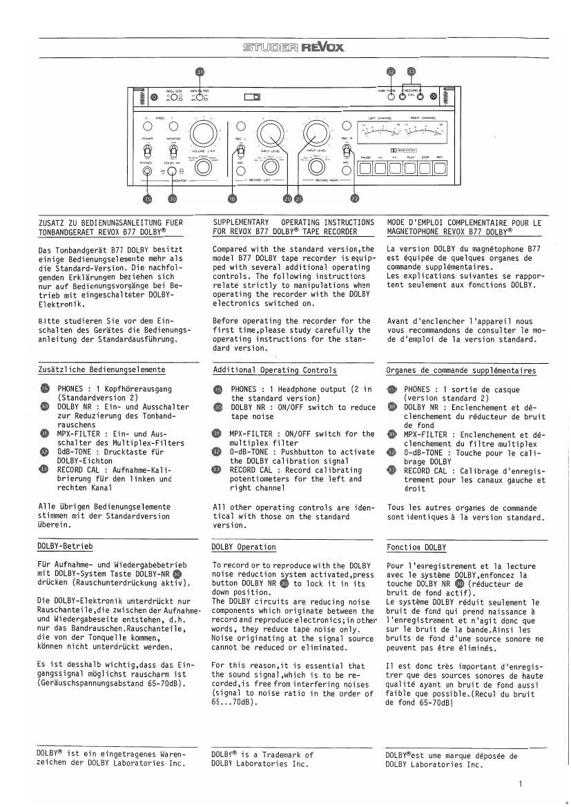 Revox B 77 Dolby Owners Manual