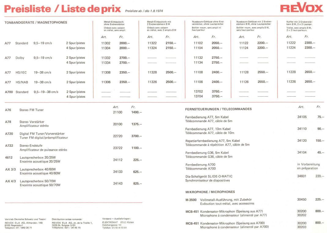 Revox Price list 1974 Article