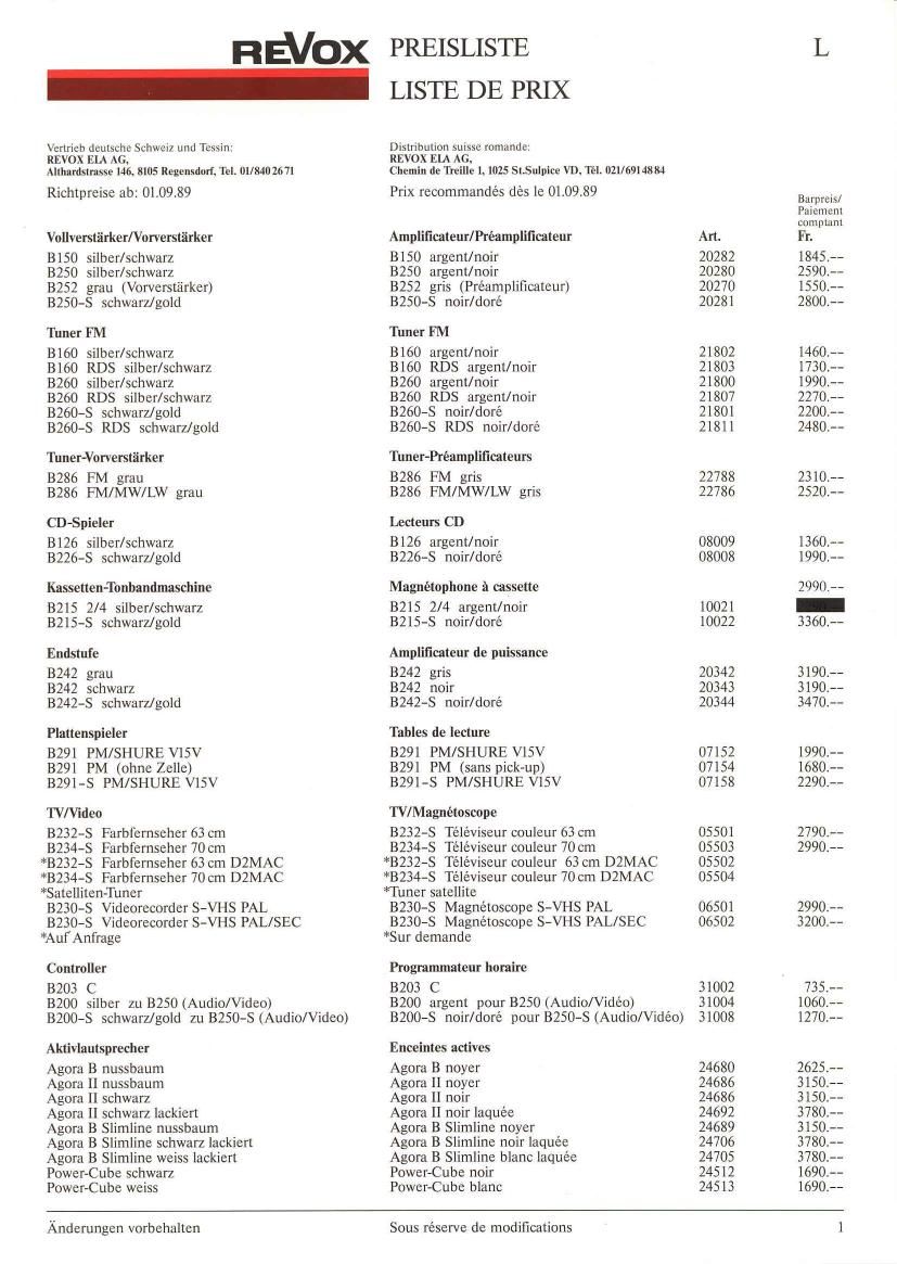 Revox Price list 1989 Article