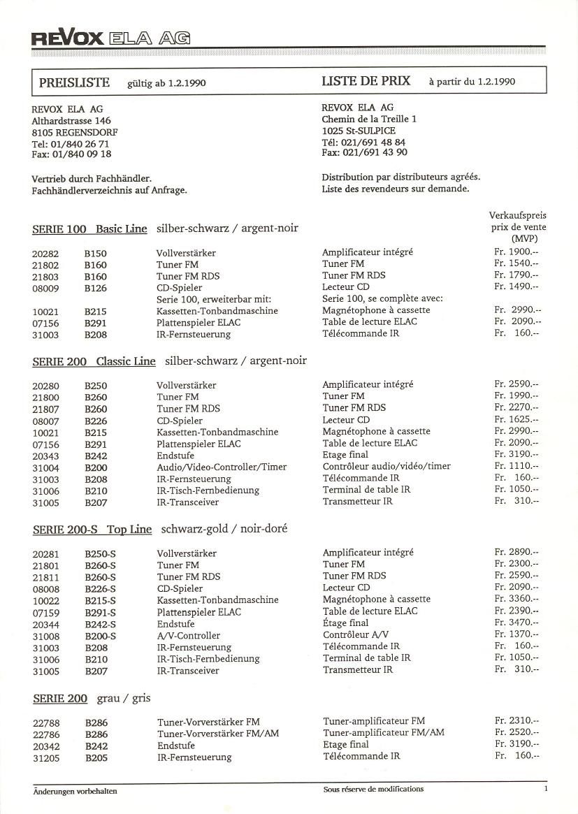 Revox Price list 1990 Article