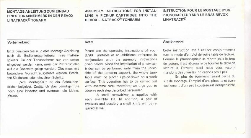 Revox Linatrack tonearm Owners Manual