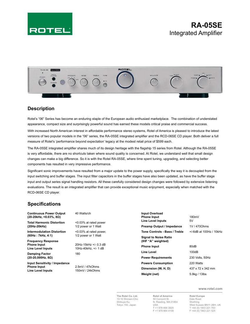 Rotel RA 05 Brochure