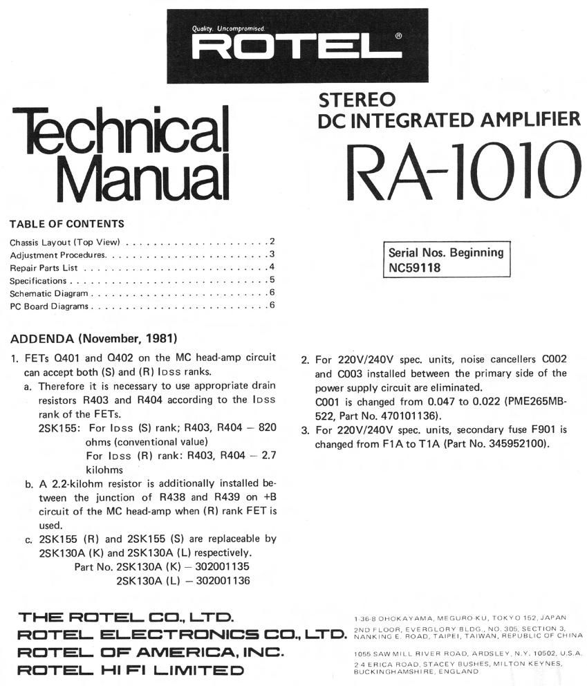 Rotel RA 1010 Service Manual
