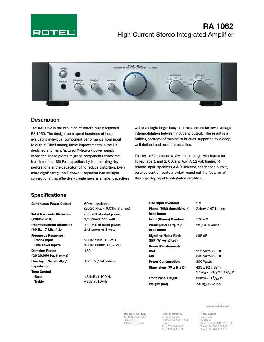 Rotel RA 1062 Brochure