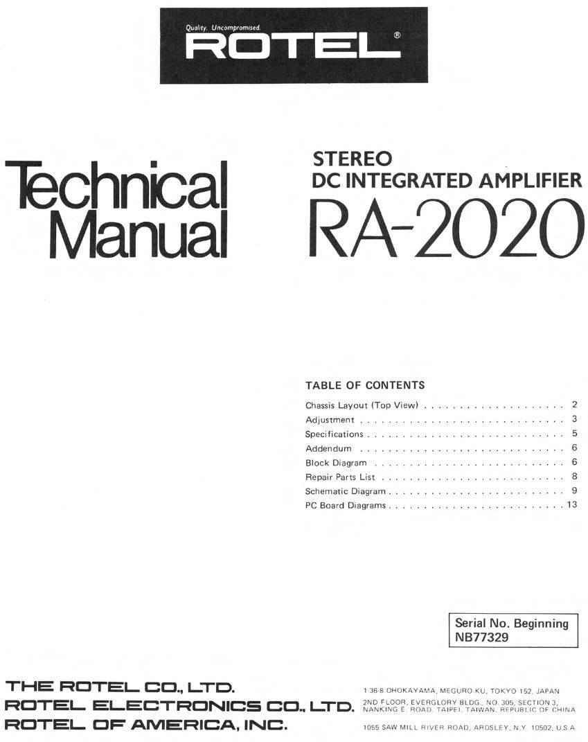 Rotel RA 2020 Service Manual