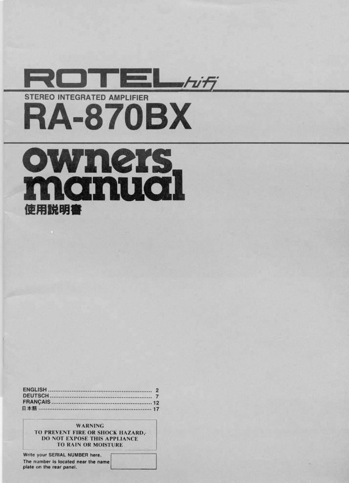 Rotel RA 870 BX Owners Manual