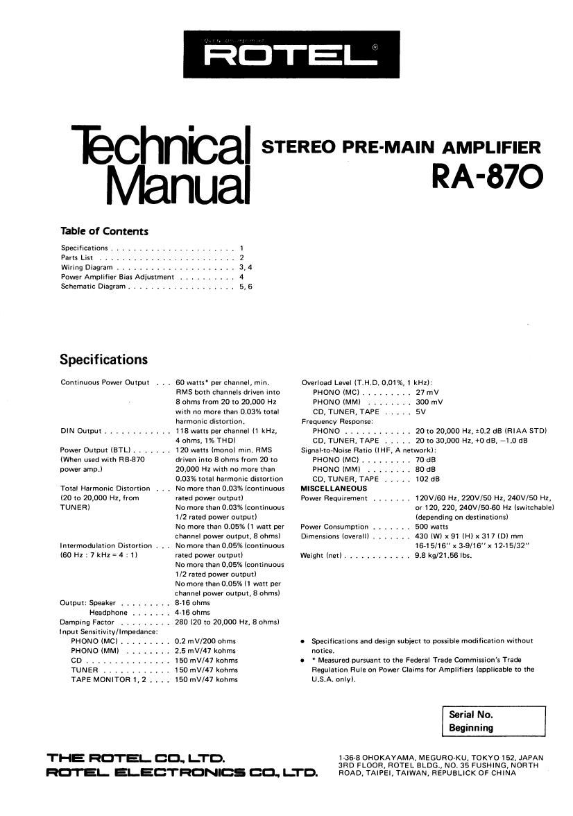 Rotel RA 870 Service Manual