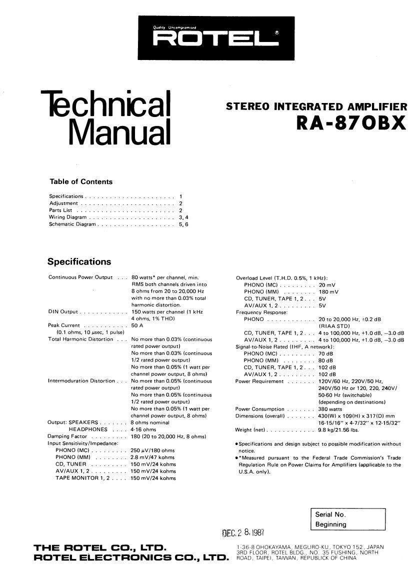 Rotel RA 870BX Service Manual