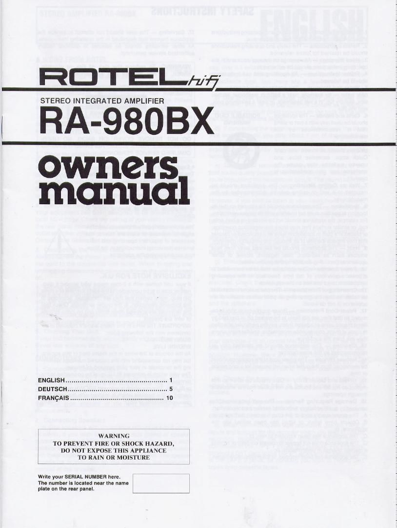 Rotel RA 980 BX Owners Manual