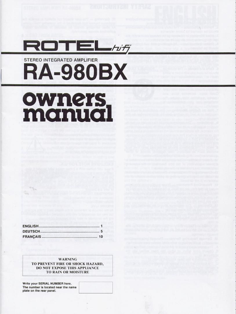Rotel RA 980 BX Owners Manual