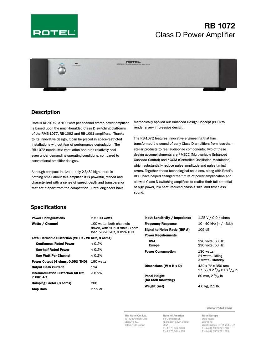 Rotel RB 1072 Brochure