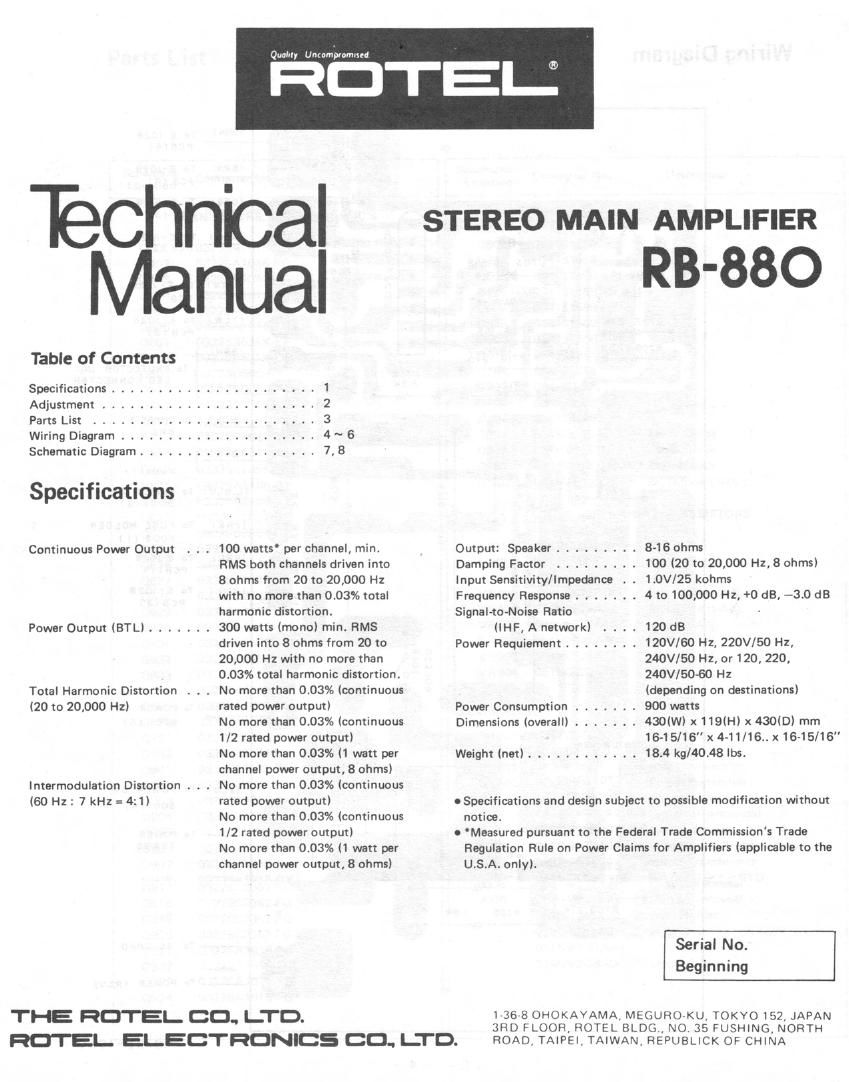 Rotel RB 880 Service Manual