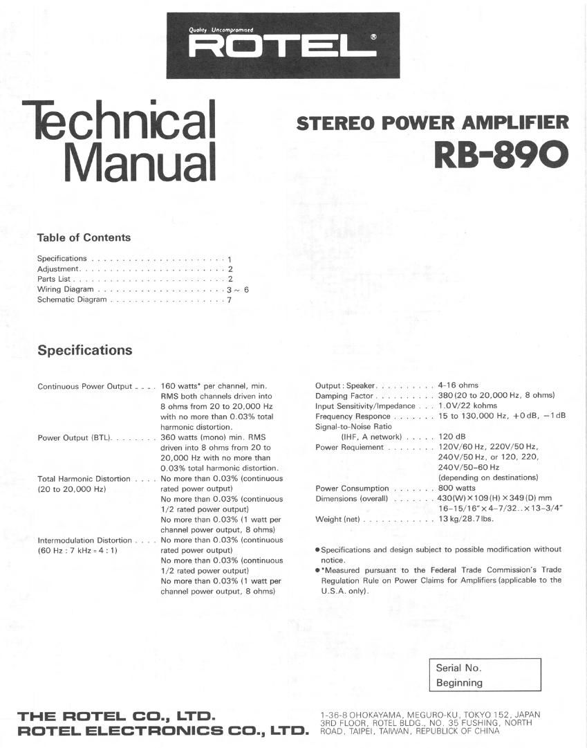 Rotel RB 890 Service Manual