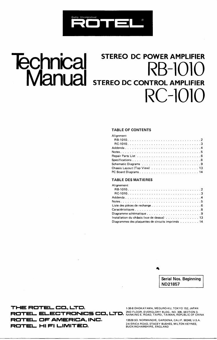 Rotel RC 1010 Service Manual
