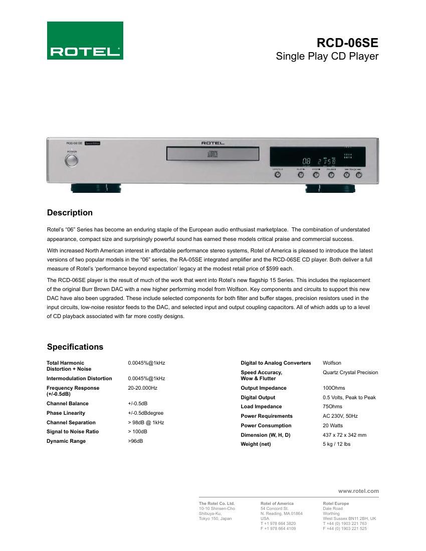 Rotel RCD 06SE Brochure