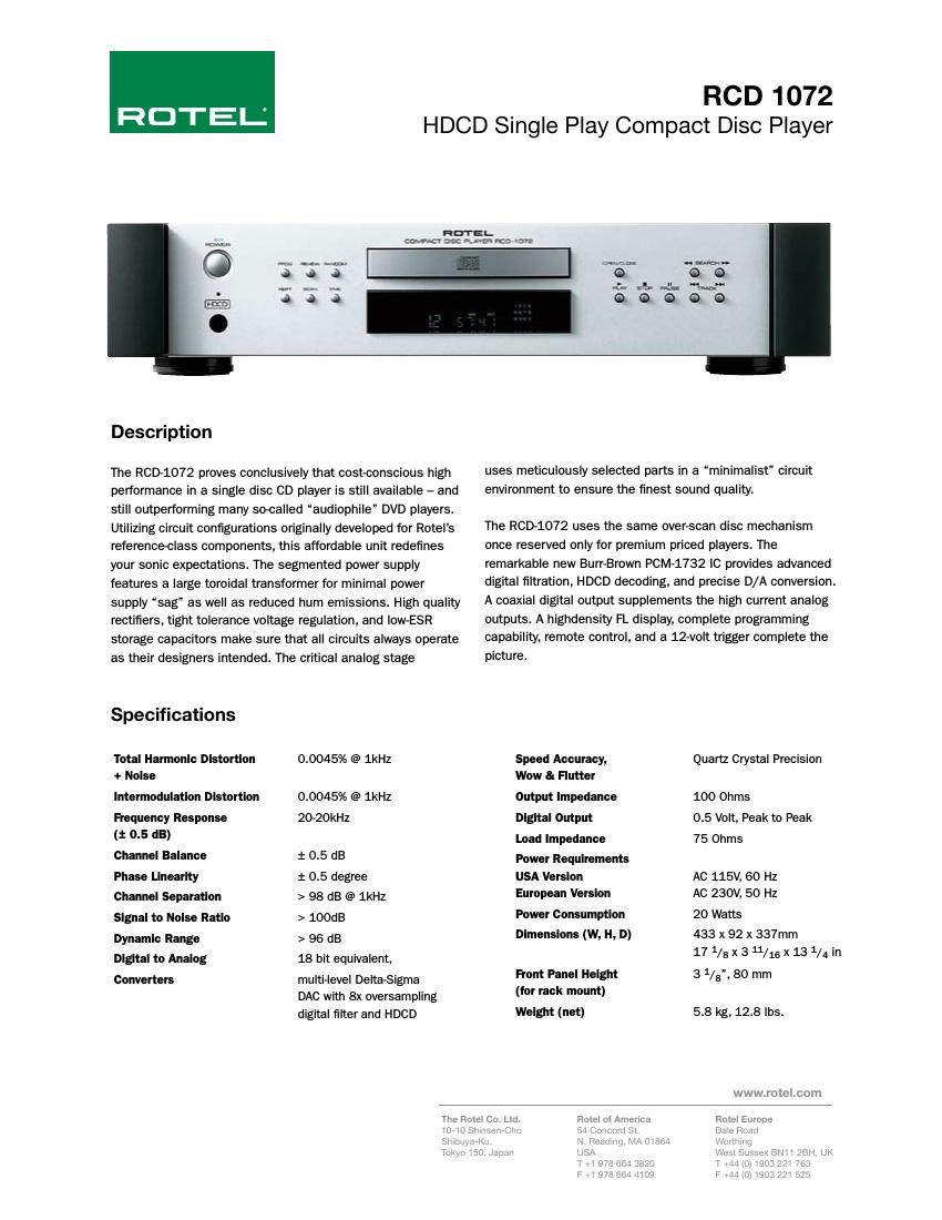 Rotel RCD 1072 Brochure