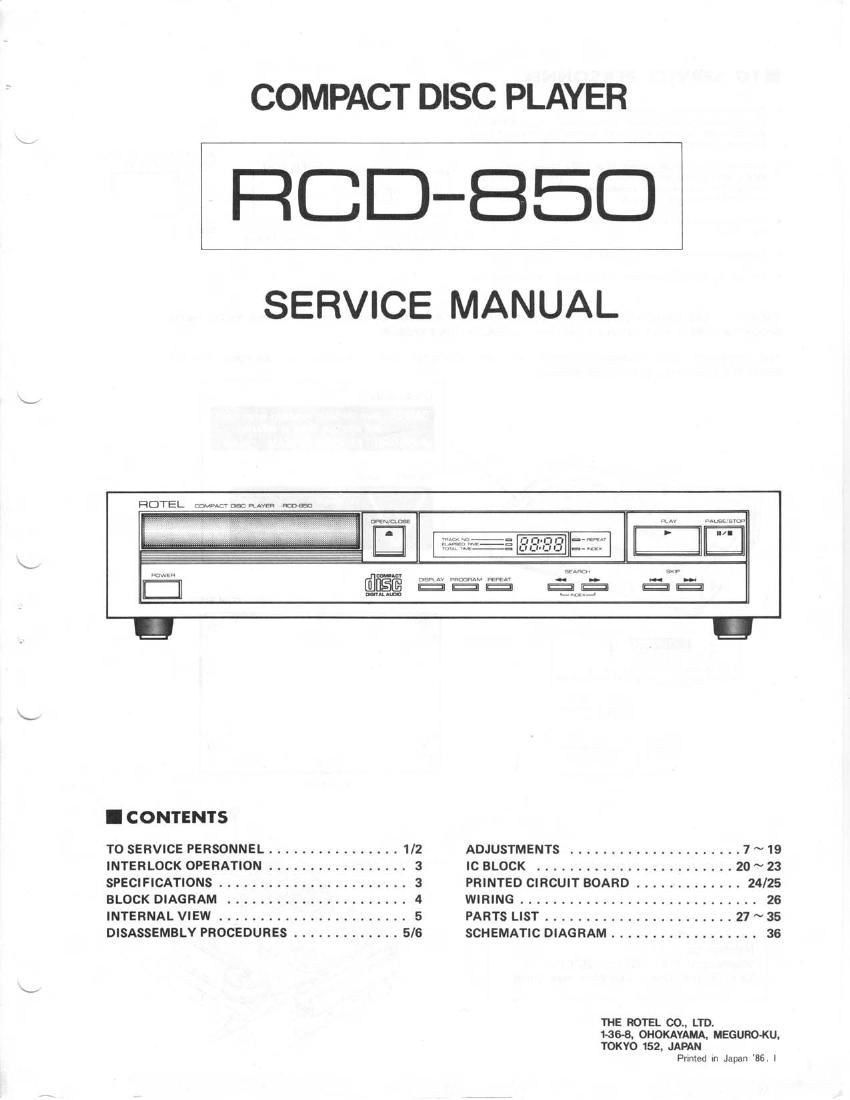 Rotel RCD 850 Service Manual