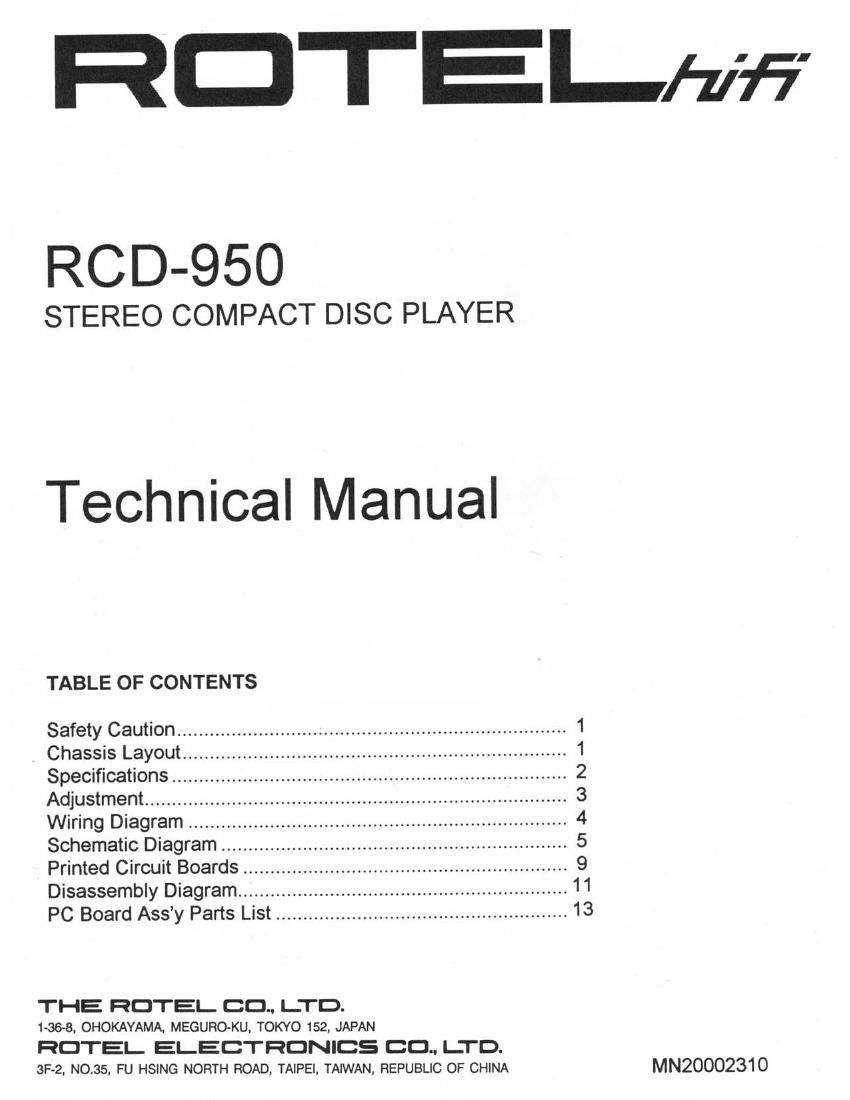 Rotel RCD 950 Service Manual