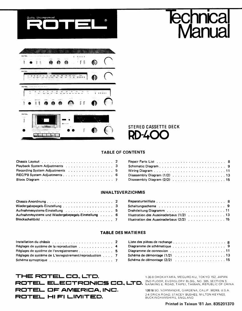 Rotel RD 400 Service Manual