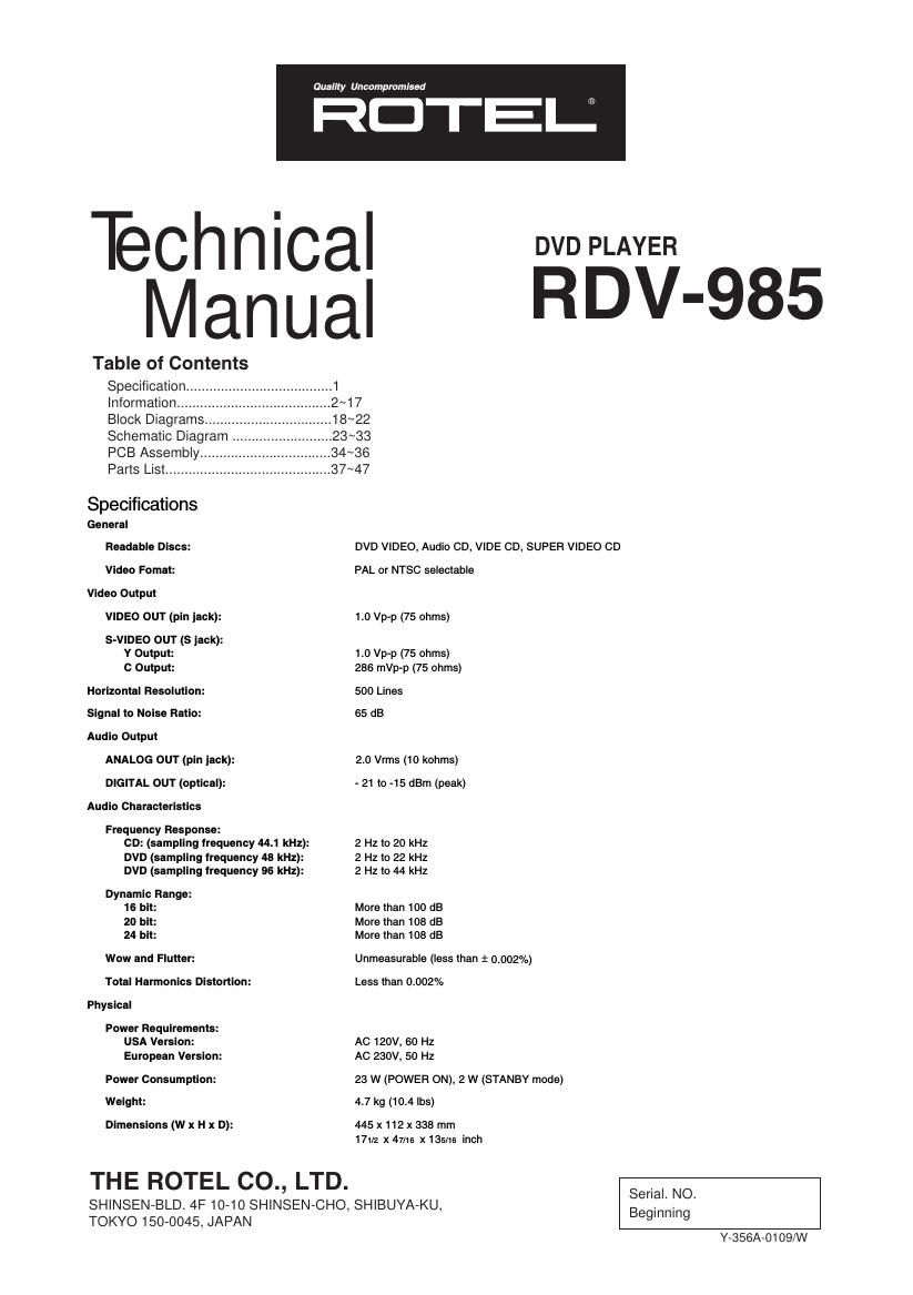 Rotel RDV 985 Service Manual