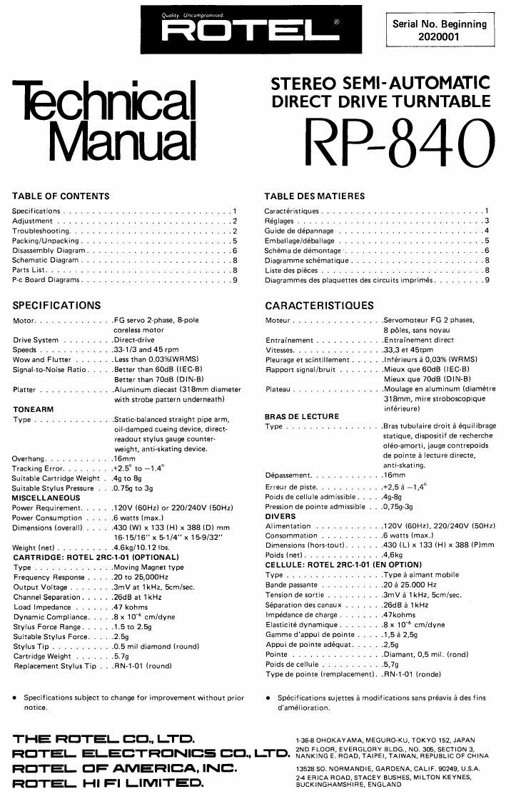Rotel RP 840 Service Manual