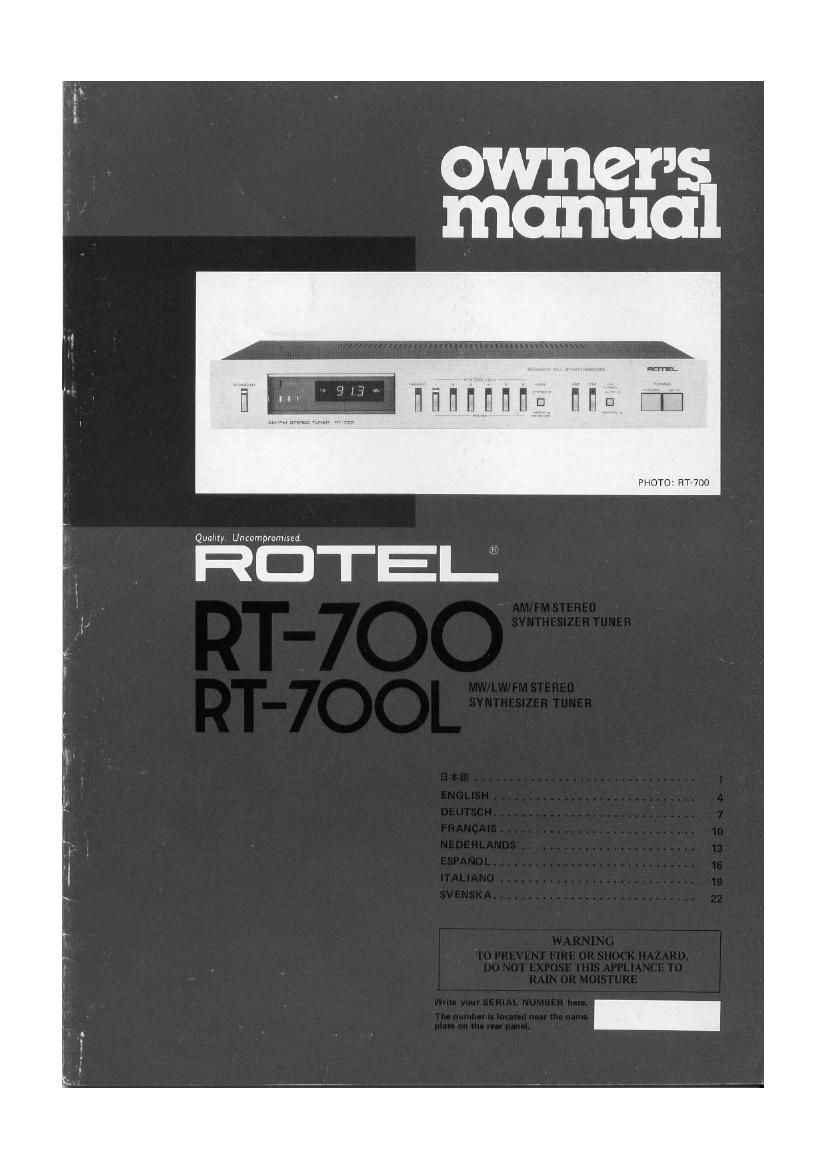 Rotel RT 700 Owners Manual