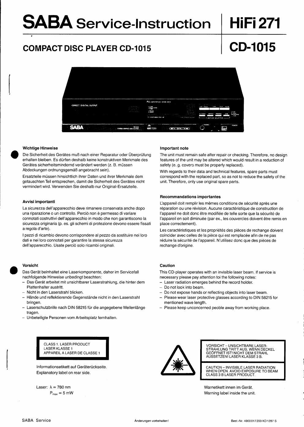 saba cd 1015 service manual