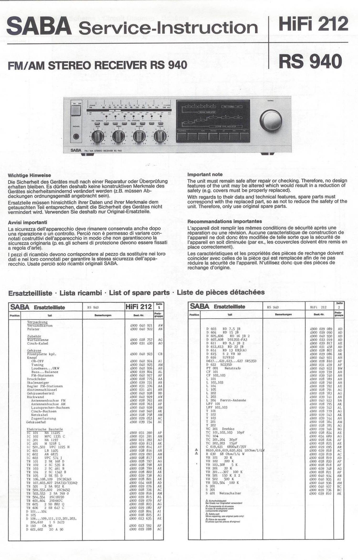 saba rs 940 service manual