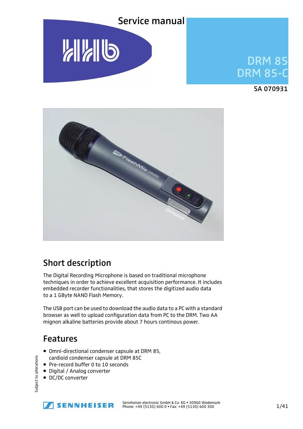 sennheiser drm 85 85c digital recording mic service manual
