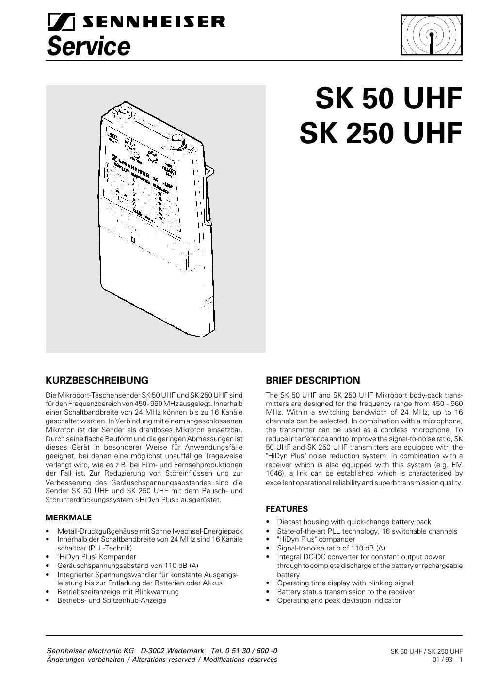 sennheiser sk 250 uhf service manual