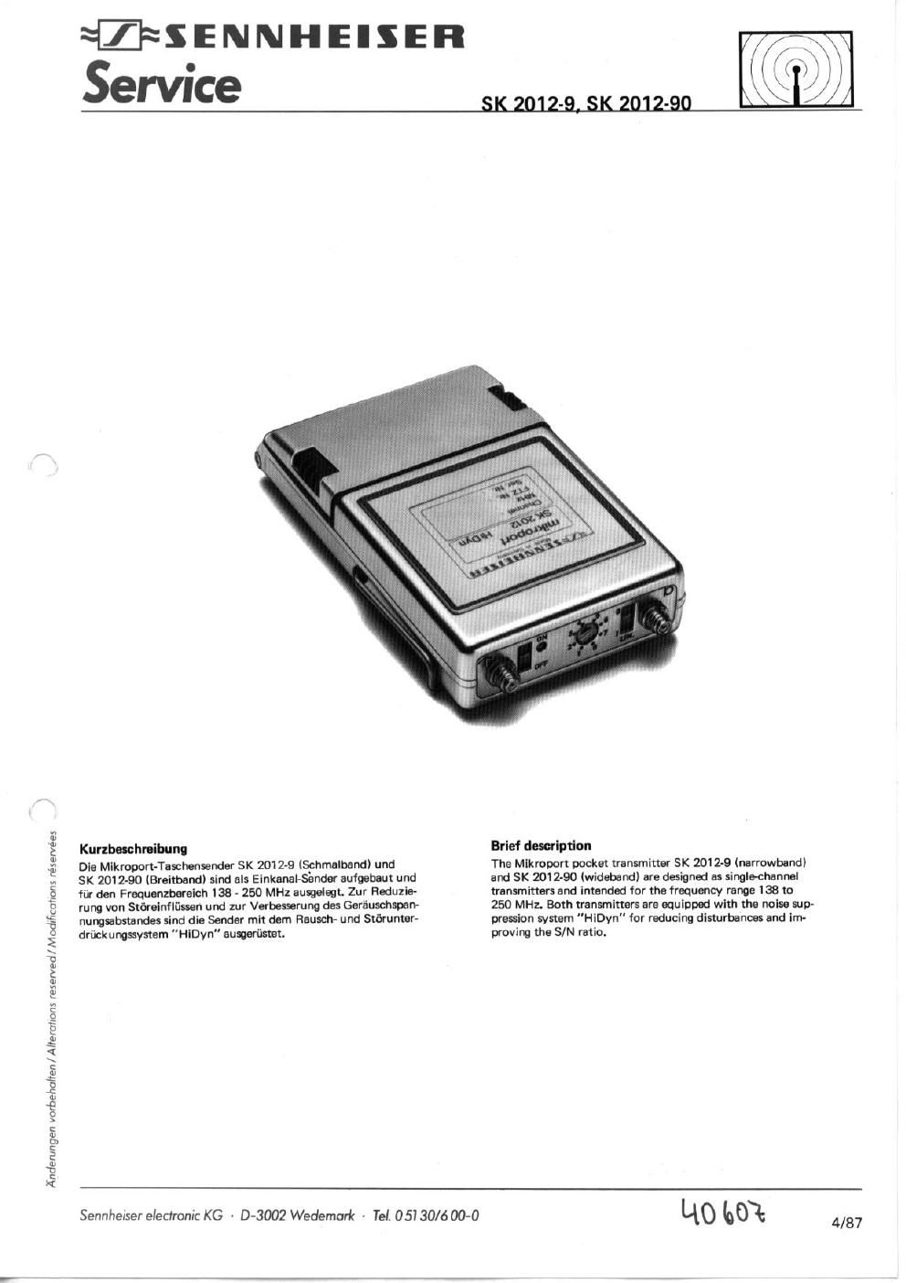 sennheiser sk 2012 wireless tx service manual