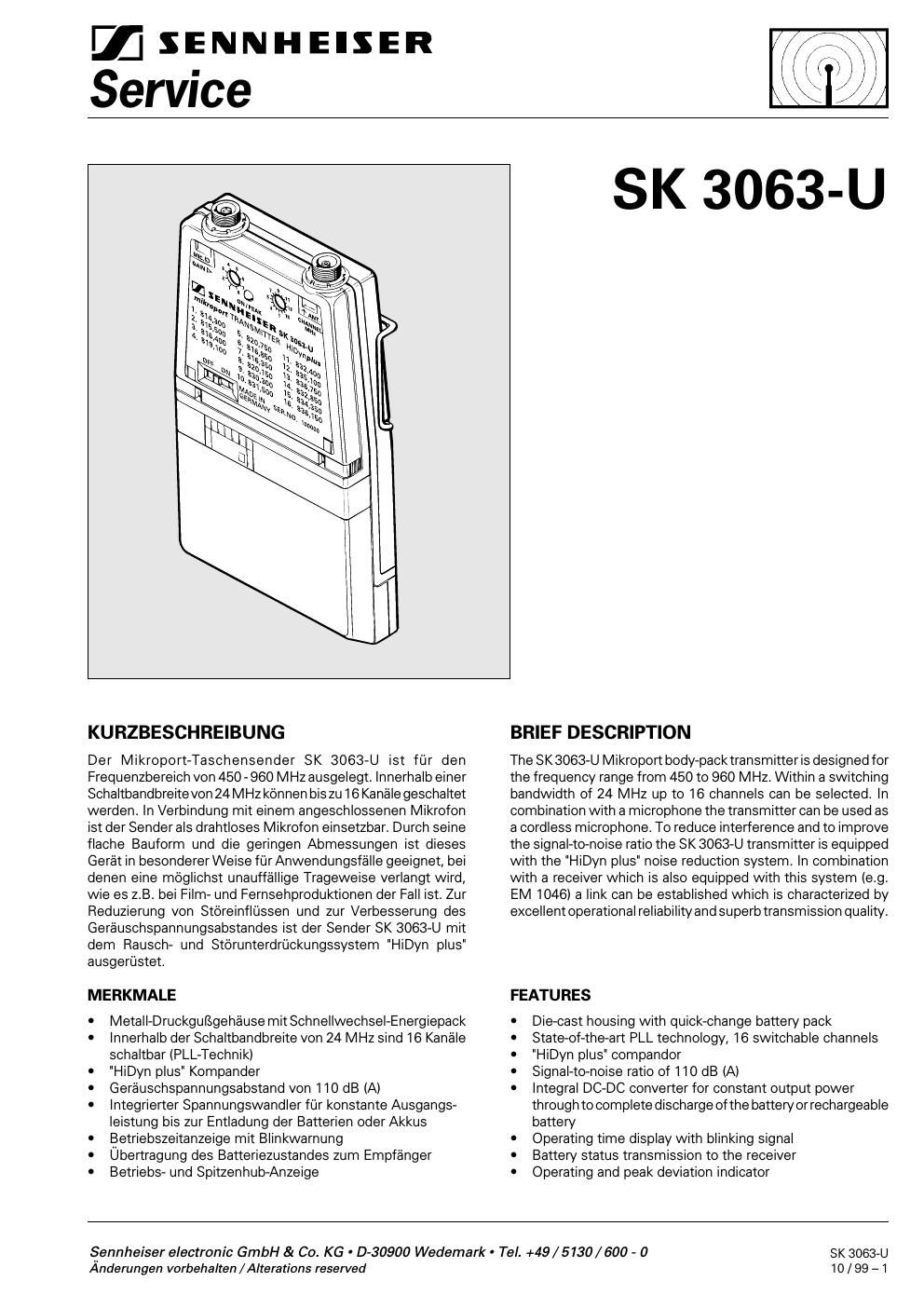 sennheiser sk 3063 u wireless tx service manual