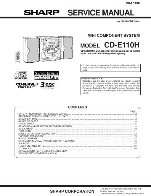 sharp cd e 110 h service manual