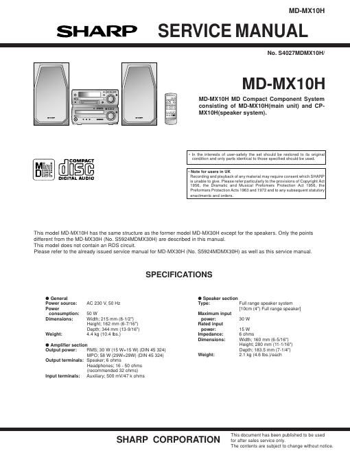 sharp md mx 10 h service manual