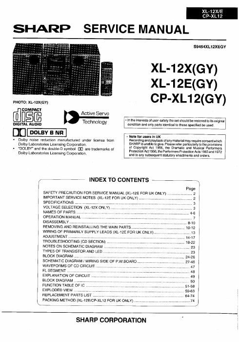 sharp xl 12 e service manual