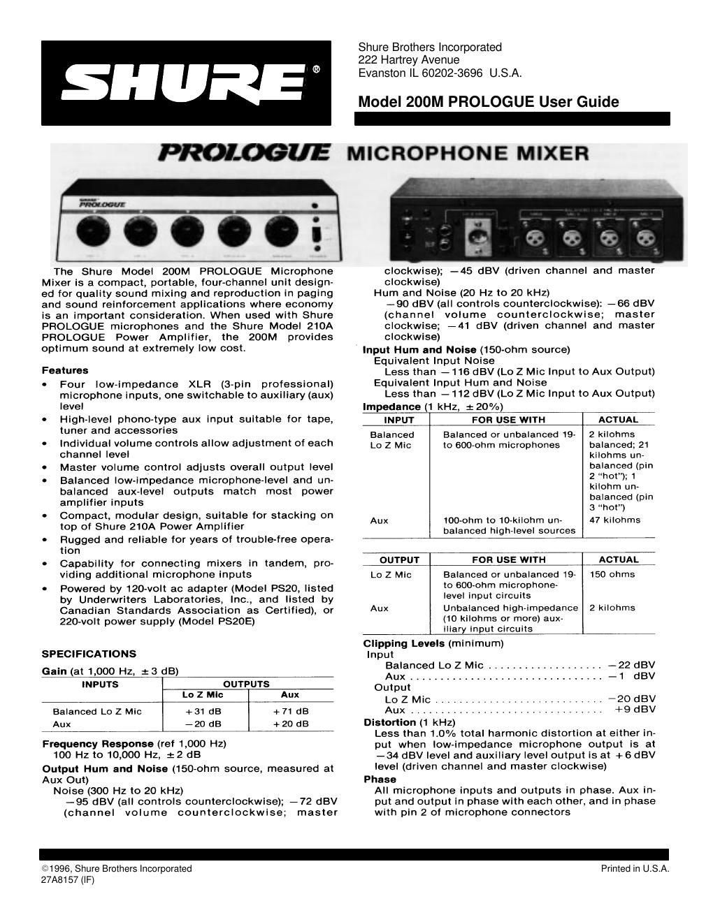 shure 200m owners manual