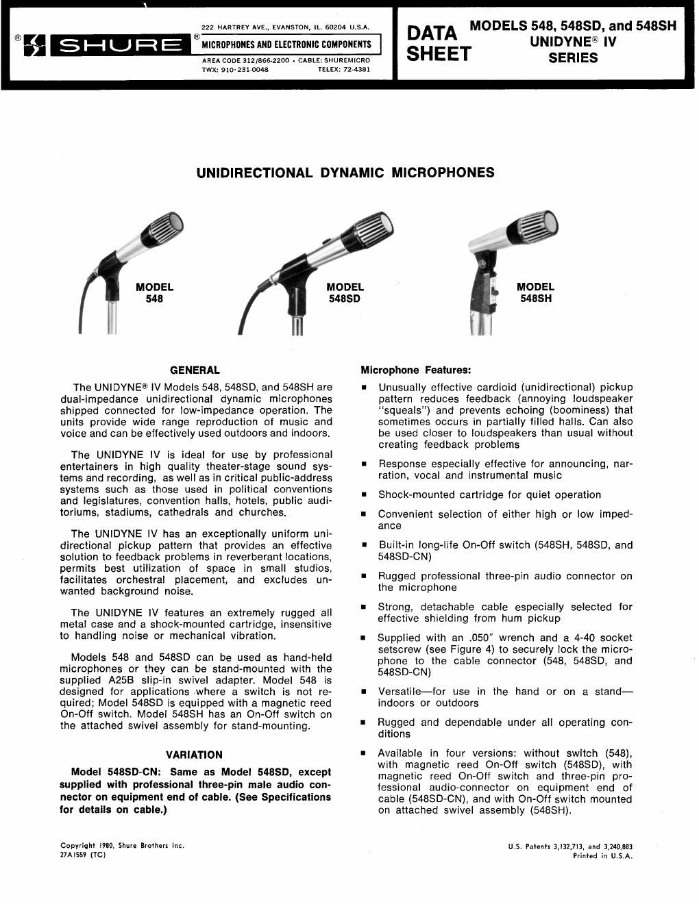 shure 548 data sheet