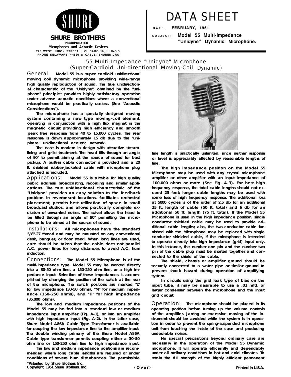 shure 55 data sheet